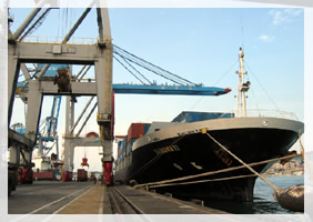 橋式貨櫃起重機是貨櫃運輸的主要設施，一般橋式貨櫃起重機都裝置在碼頭岸邊。|